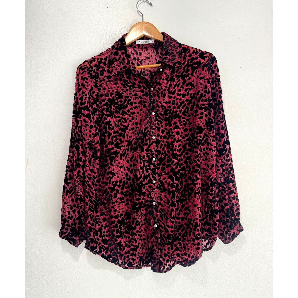 Adore button up shirt burnout velvet red black classic casual night party womenM